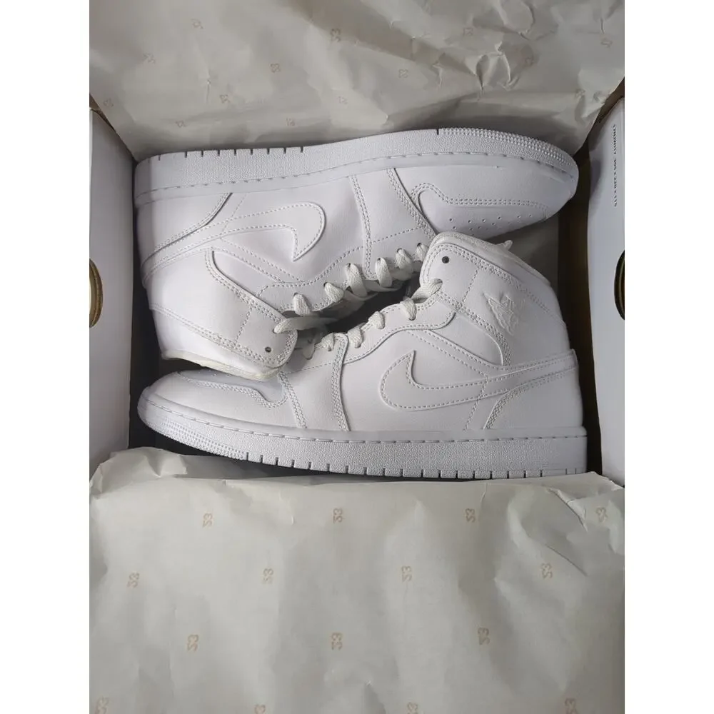 Nike WOMEN Air Jordan 1 Mid Triple White Women White Leather‎ Size 10.5